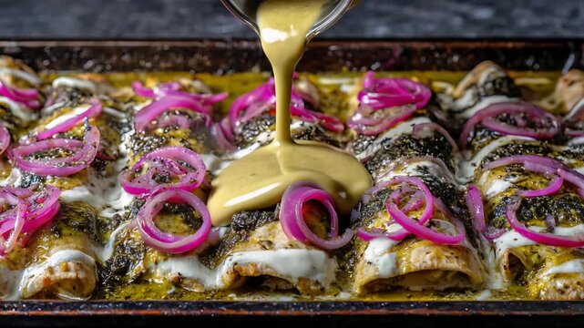 Pouring Rich Golden Sauce Over Delicious Enchiladas Topped with Vibrant Pickled Red Onions.