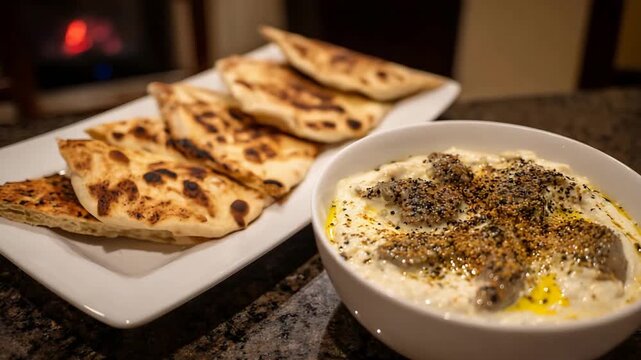 Delicious homemade Middle Eastern dip with spiced meat and fresh flatbread for dinner.