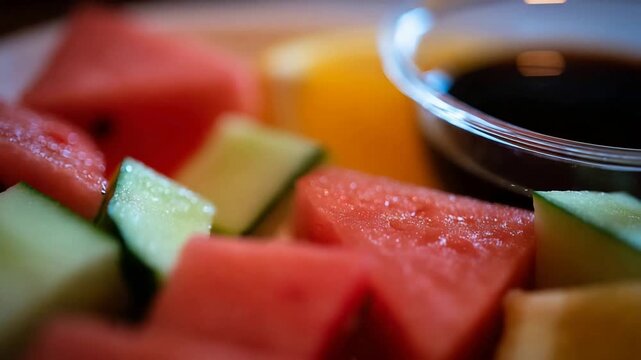 Close up view of refreshing watermelon and honeydew fruit salad with dipping sauce.