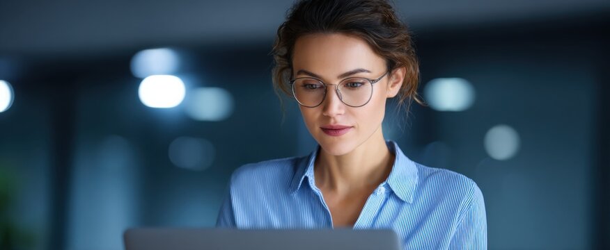 The woman danced through tasks on her laptop in a chic bright office.