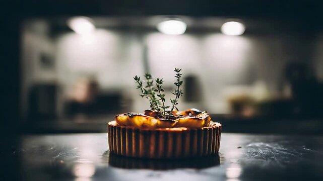 Elegant Caramelized Fruit Tart with Fresh Thyme Sprigs on Dark Kitchen Counter.