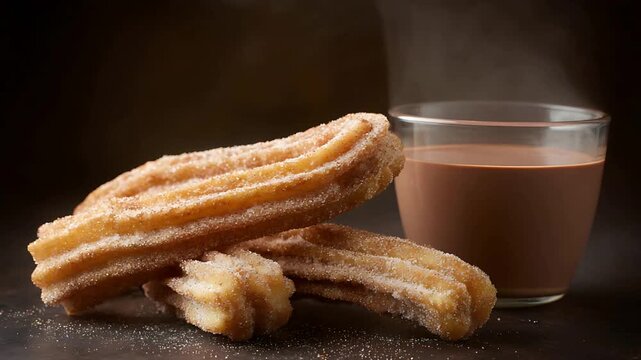 Warm crispy churros dusted with sugar and cinnamon next to steaming hot chocolate drink.