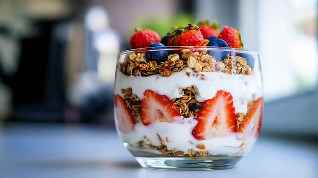 Close Up View of a Beautiful Berry Yogurt Parfait, Perfect for a Healthy Meal.