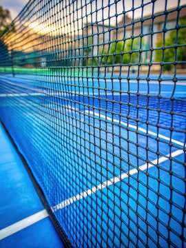 Overhead view of a blue artificial tennis net on a paddle court with a slight blur effect