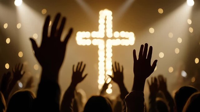 Silhouetted Crowd with Raised Hands Worshiping in Front of a Large Glowing Cross at a Christian Concert or Church Service