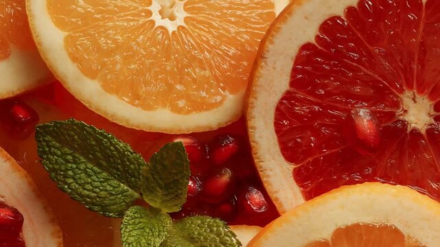 Vibrant Citrus Slices Fresh Orange, Ruby Red Grapefruit, Mint, and Pomegranate Mix.
