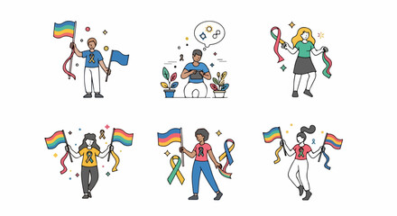 Diverse people celebrating Pride month support, holding rainbow flags and awareness ribbons. Individuals demonstrate Pride month support for LGBTQ+ community and social causes.