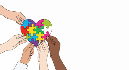 Diverse hands holding colorful puzzle pieces forming heart, depicting community support. Multiple hands, varying skin tones, assemble jigsaw heart, illustrating community support.