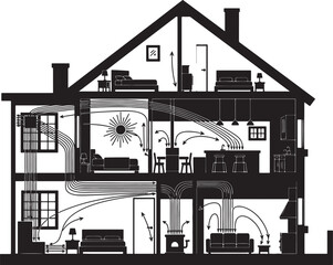 Obraz premium Black and White House Cross Section Illustration Showing Interior Layout and Sunlight