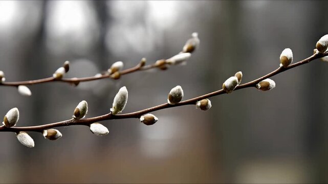 Macro shot of fluffy pussy willow catkins on branches indicating the arrival of springtime.