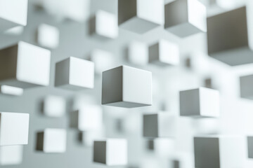 Obraz premium A 3D rendering of a room filled with floating white cubes against a white background, creating a sense of depth and perspective.