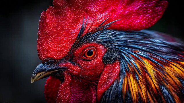 Close Up View of a Magnificent Rooster with Vibrant Red Comb and Colorful Feathers.