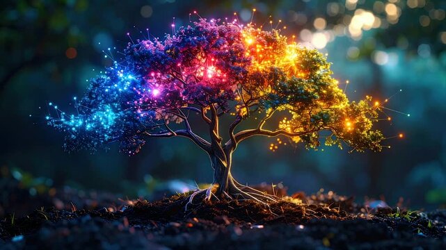 A glowing tree with multicolored foliage and connected lights. The roots rest in dark earth