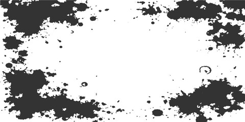 Fototapeta premium Abstract black ink splat pattern featuring a grunge paint splash design with a dirty liquid texture and splatter border element on a vector paper illustration