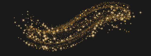 Gold glitter wave on black background. Curved flow of shimmering dust particles with star flares. Bright sparkle trail. Luxury banner, festive card, cosmetic poster, magic backdrop. Vector. © YEVHENIIA