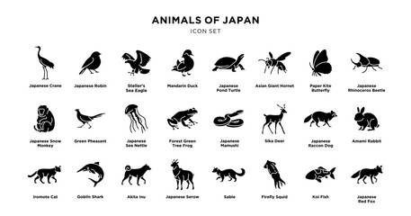 Fototapeta premium Animals of japan black silhouette icon set with labels