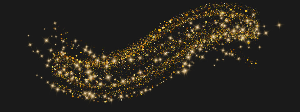 Gold glitter wave on black background. Curved flow of shimmering dust particles with star flares. Bright sparkle trail. Luxury banner, festive card, cosmetic poster, magic backdrop. Vector.