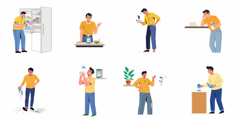 Fototapeta premium Frustrated Man's Milk Troubles: Running Out, Spoiled Dairy, and Breakfast Cereal Dilemmas in a Series of Everyday Annoyances