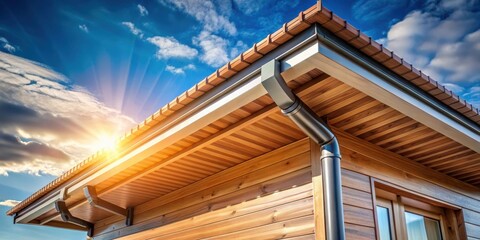 Fototapeta premium Wooden house with modern aluminum gutters and soffit, set against a sunny day background, landscape, building
