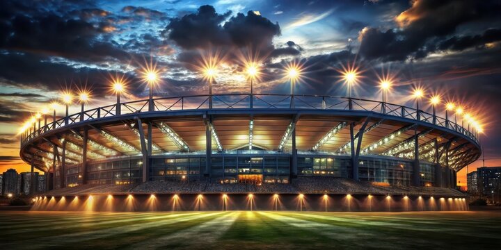A majestic stadium lit up by vibrant stadium lights at night against a dark and cloudless sky with the silhouette of buildings in the background , bright, stadium lights