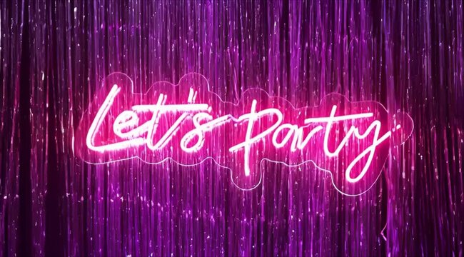 Vibrant neon sign reading Let's Party on sparkling purple curtains, a festive scene viewed straight on.