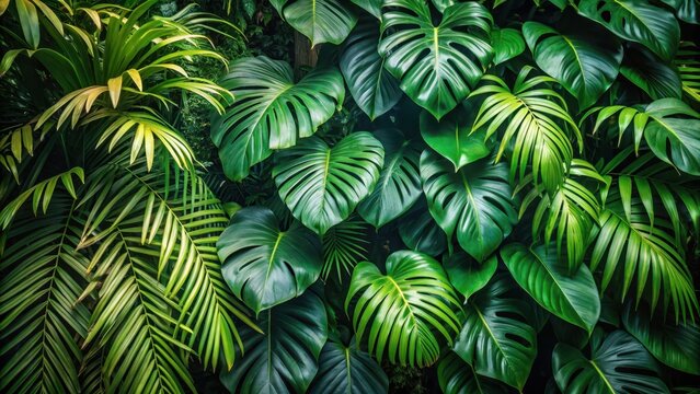 dense foliage of tropical leaves hanging from a bush in the jungle, leafy, vegetation,  leafy, vegetation, green