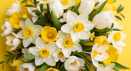 Fototapeta premium Vibrant bouquet of white and yellow daffodils with lush greenery on bright yellow background
