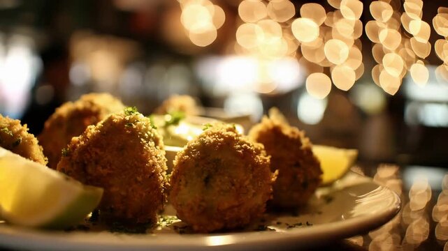 Delicious Golden Brown Fried Appetizers with Lemon Wedges on Plate in Restaurant Setting.