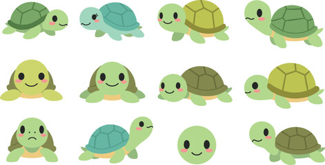 Obraz premium Cute turtle cartoon icon set flat vector collection of adorable sea turtle characters isolated on light background