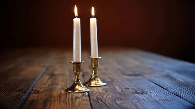 Two elegantly lit white candles flickering warmly on a rustic wooden table in darkness.