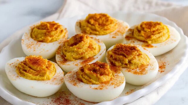 Delicious Deviled Eggs Appetizer Sprinkled with Paprika, Ready for a Festive Gathering.