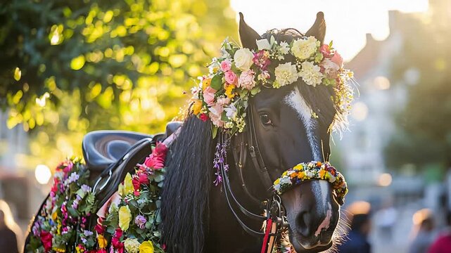 Majestic Black Horse Adorned with Vibrant Flower Crown and Saddle in Golden Sunlight.