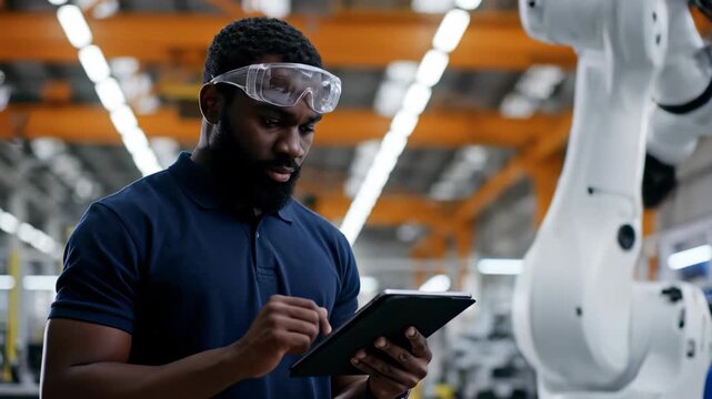 Focused African American factory engineer in safety glasses using tablet near industrial robotic arm, concept for automation process control, manufacturing technology and industrial maintenance
