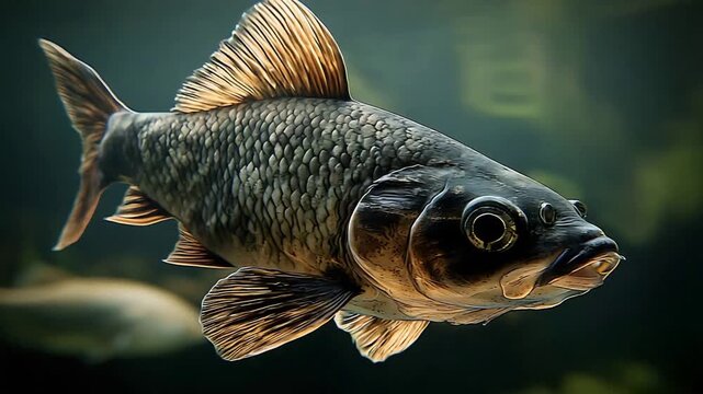 Stunning dark scaled fish with elegant golden fins glides through tranquil water.