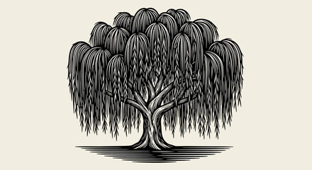 A serene weeping willow tree stands alone in a peaceful landscape, viewed from a slight distance © Olivia