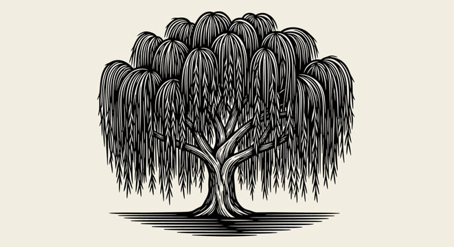A serene weeping willow tree stands alone in a peaceful landscape, viewed from a slight distance