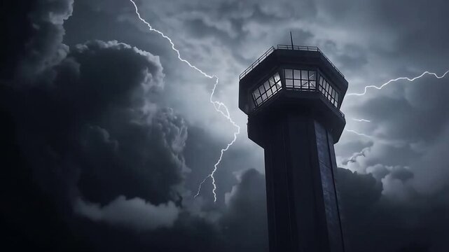 Dramatic lightning flashes over an airport control tower during a severe thunderstorm.