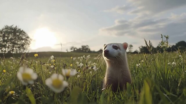 Curious Ferret Standing in a Wildflower Meadow during Golden Hour Sunset with Bright Sunlight.