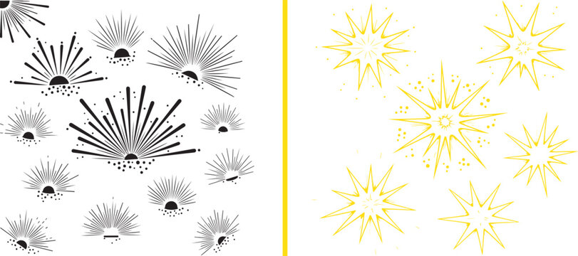 A black-and-white vector collection featuring several half-circle fan-shaped bursts with dotted bases, alongside a set of eight vibrant yellow starburst icons with sharp, thin rays.