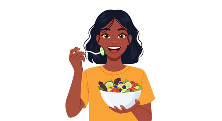 Young woman enjoying a healthy salad with a fork in a casual setting
