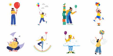 Fototapeta premium Joyful women embracing happiness, freedom, and imagination with balloons and playful elements in a collection of flat illustrations.