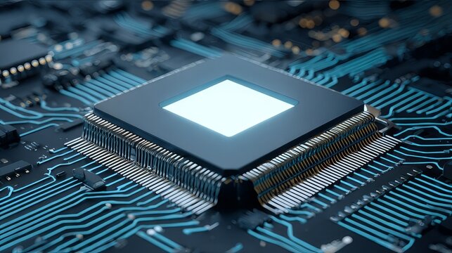 Glowing Microchip on a Circuit Board &ndash; Symbol of Advanced Technology and Computing Power