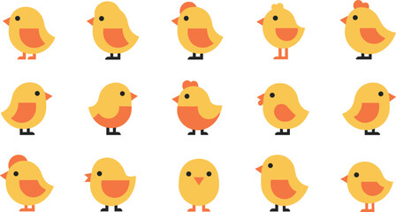 Cute yellow chick cartoon icon set flat vector collection of baby chickens in different poses isolated on light background © Yevhenii creative