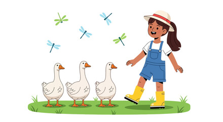 A young girl in overalls walking with geese on a grassy field surrounded by dragonflies © Olivia