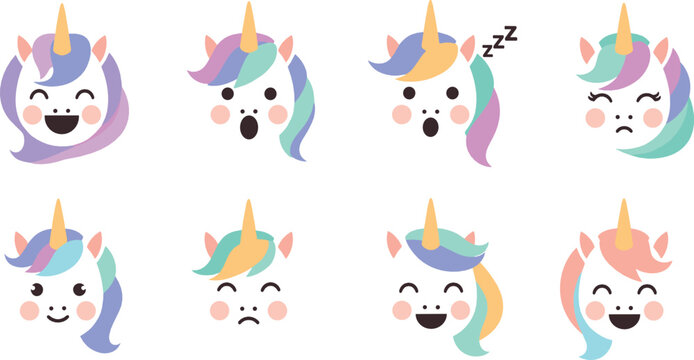 Cute unicorn face cartoon icon set flat vector collection of magical horse expressions isolated on light background