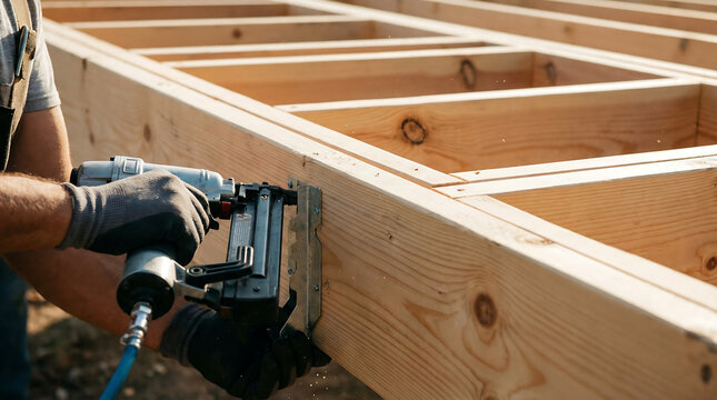 Construction worker using pneumatic nail gun to fasten metal bracket on wooden frame at outdoor building site with lumber structure