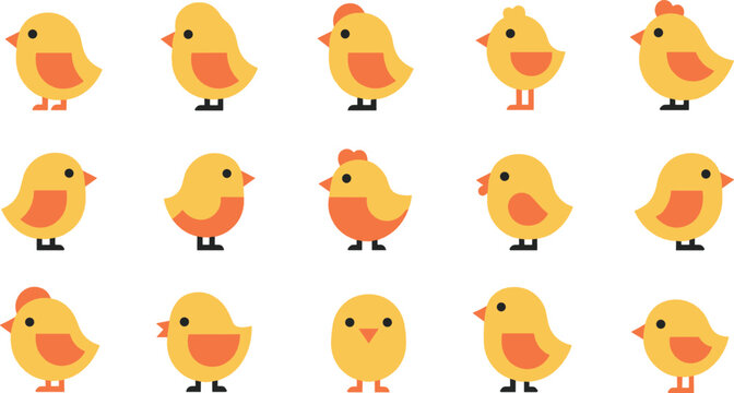 Cute yellow chick cartoon icon set flat vector collection of baby chickens in different poses isolated on light background
