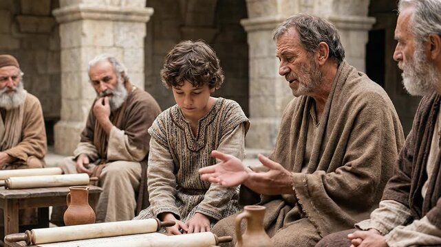 Cinematic biblical scene of young Jesus Christ sitting in the ancient stone Jerusalem temple discussing holy scriptures with wise bearded elders and teachers studying parchment scrolls showing early d
