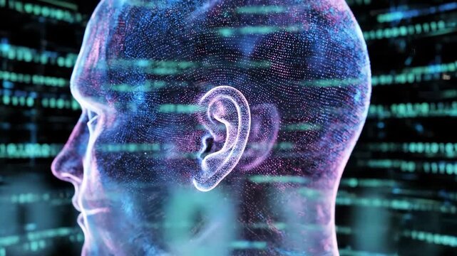 Artificial intelligence humanoid head with binary data futuristic technology concept abstract head silhouette machine learning algorithm for neural network and digital brain