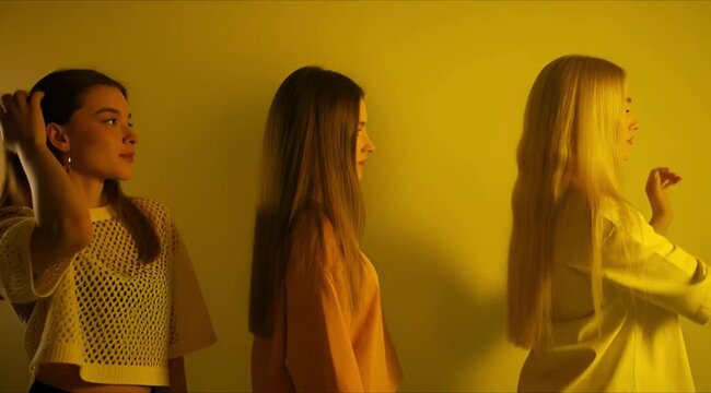 Three women standing in a yellow-lit studio, showcasing their hairstyles and outfits from different viewpoints with a futuristic tone